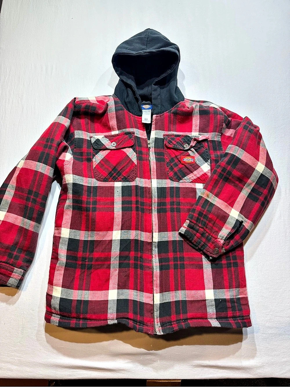 Dickies Water Repellent Flannel Hooded Shirt Jacket Red & Black Youth Large 14-1